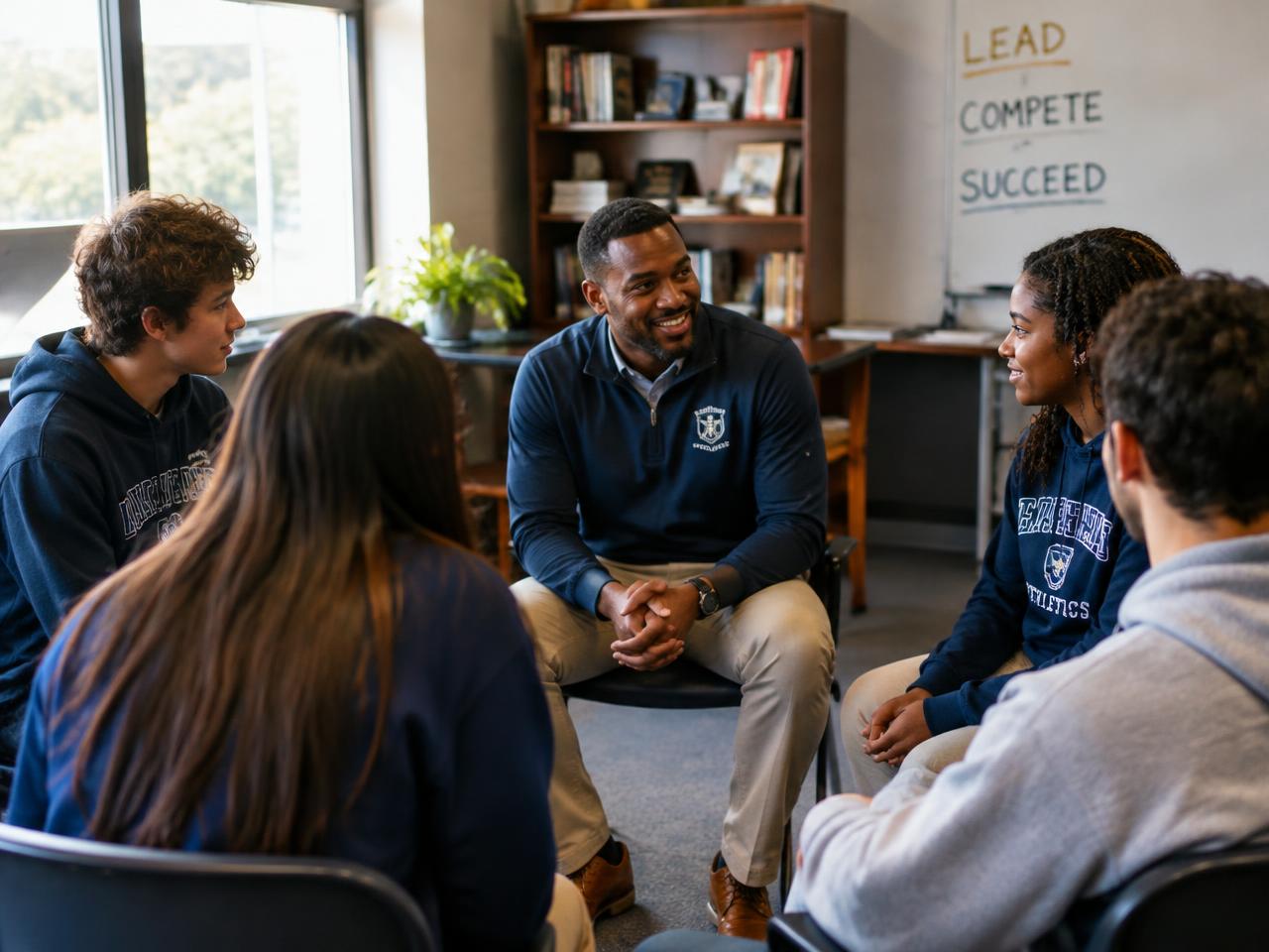 A mentor leading a small-group conversation with student-athletes